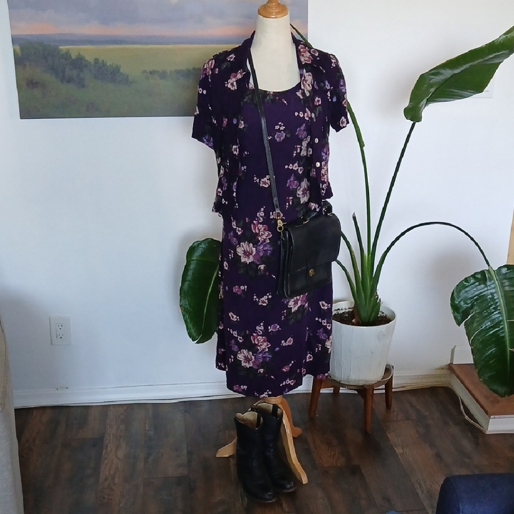 90s Vintage Purple Flutter Sleeve Midi Dress Set